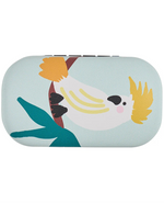 Small rectangular pouch with a white cockatoo bird design on a light blue background