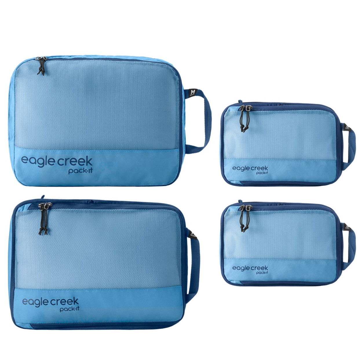 Set of blue Eagle Creek packing cubes on a white background