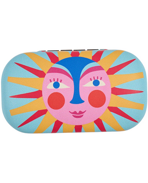 Colorful rectangular pouch with a sun design on a blue background