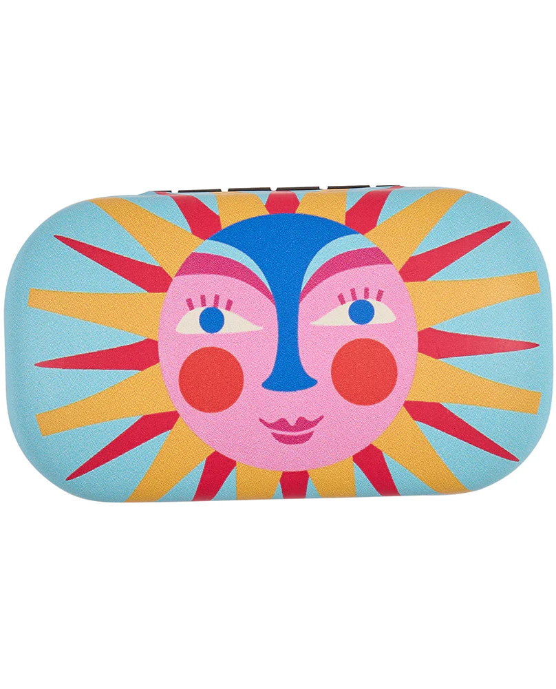 Colorful rectangular pouch with a sun design on a blue background