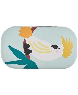 Small rectangular pouch with a white cockatoo bird design on a light blue background